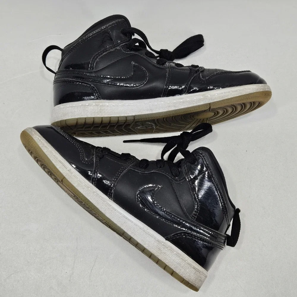 Jordan Air Jordan 1 Mid Kids 2Y Black Patent Leather DV1339-004 Sneakers Shoes
